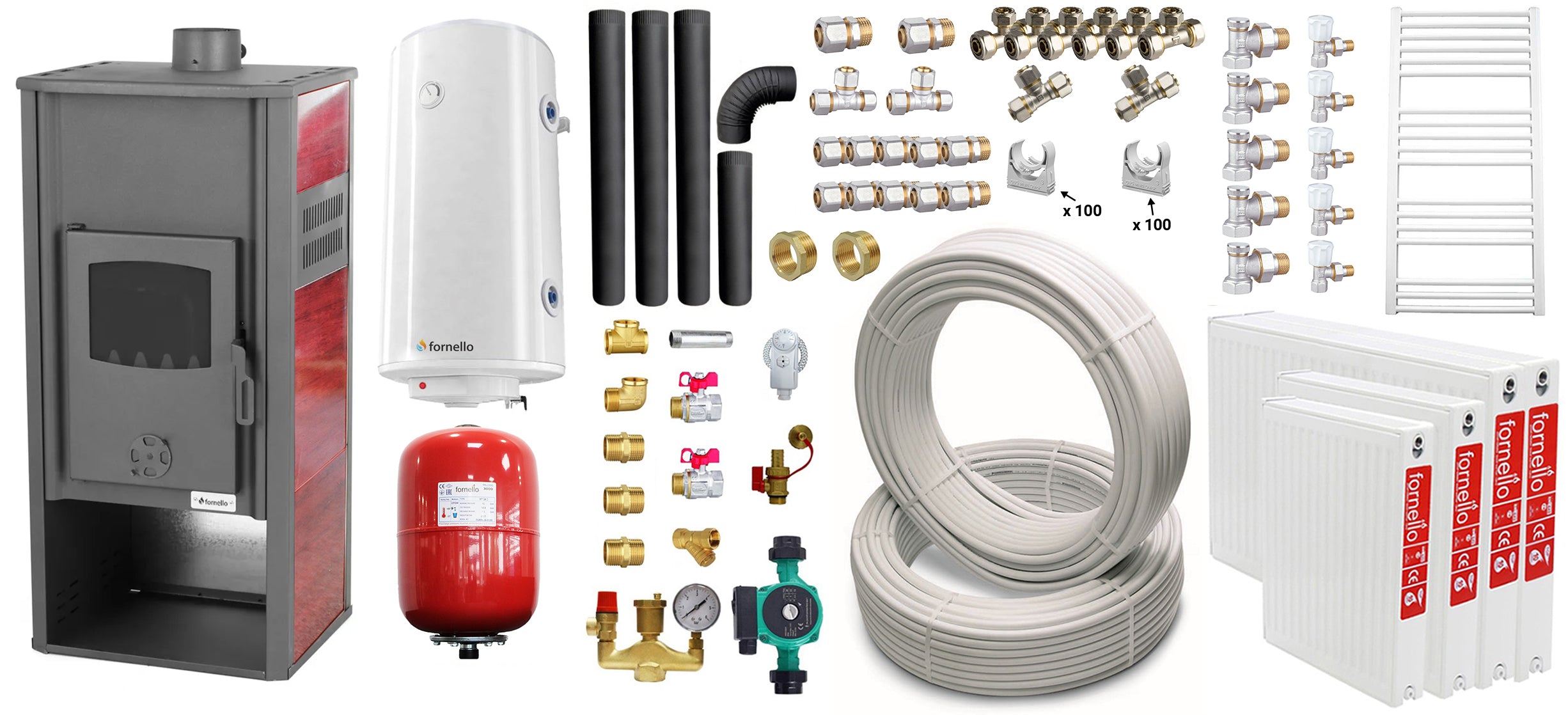 Pachet incalzire si apa calda pentru 3 camere Termosemineu pe lemne, brichete si carbune Fornello Roma E, Bordeaux, 22 kW, 49x45x103 cm, teava, boiler termoelectric 100l, vas expansiune, pompa circulatie, kit evacuare, calorifere si fitingu