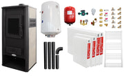 Pachet incalzire si apa calda pentru 3 camere Termosemineu pe lemne, brichete si carbune Fornello Roma E, Ivory, 22 kW, 49x45x103 cm, boiler termoelectric 100l, vas expansiune, pompa circulatie, kit evacuare, calorifere si kit montaj