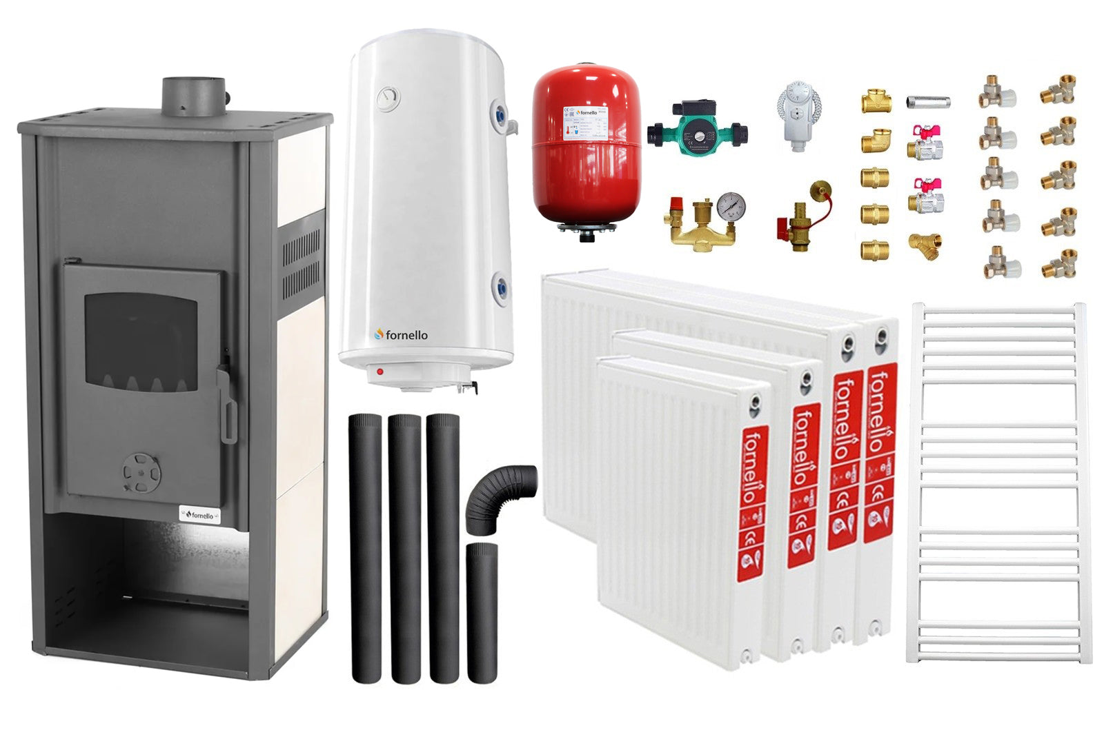 Pachet incalzire si apa calda pentru 3 camere Termosemineu pe lemne, brichete si carbune Fornello Roma E, Ivory, 22 kW, 49x45x103 cm, boiler termoelectric 100l, vas expansiune, pompa circulatie, kit evacuare, calorifere si kit montaj