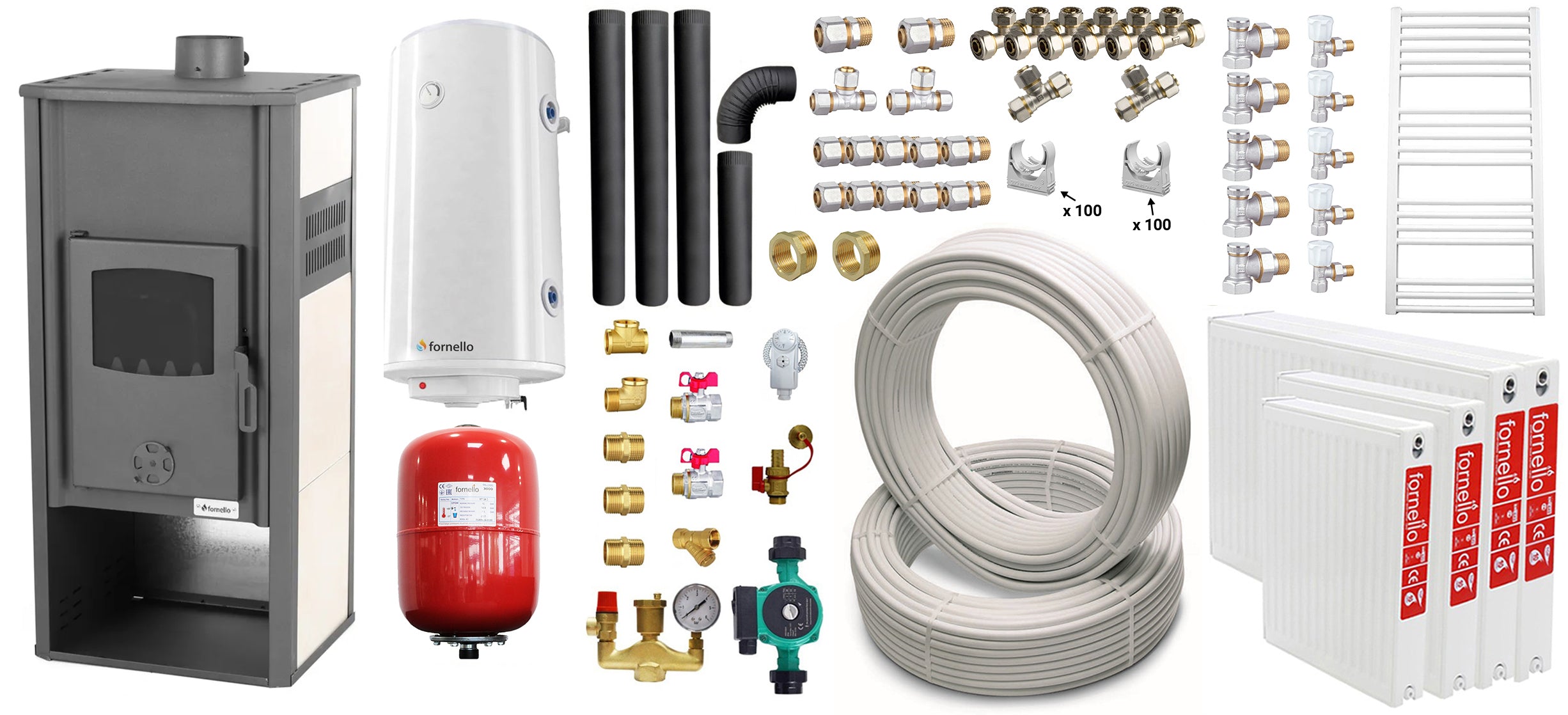 Pachet incalzire si apa calda pentru 3 camere Termosemineu pe lemne, brichete si carbune Fornello Roma E, Ivory, 22 kW, 49x45x103 cm, teava, boiler termoelectric 100l, vas expansiune, pompa circulatie, kit evacuare, calorifere si fitinguri