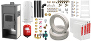 Pachet incalzire si apa calda pentru 3 camere Termosemineu pe lemne, brichete si carbune Fornello Roma E, Ivory, 22 kW, 49x45x103 cm, teava, boiler termoelectric 100l, vas expansiune, pompa circulatie, kit evacuare, calorifere si fitinguri