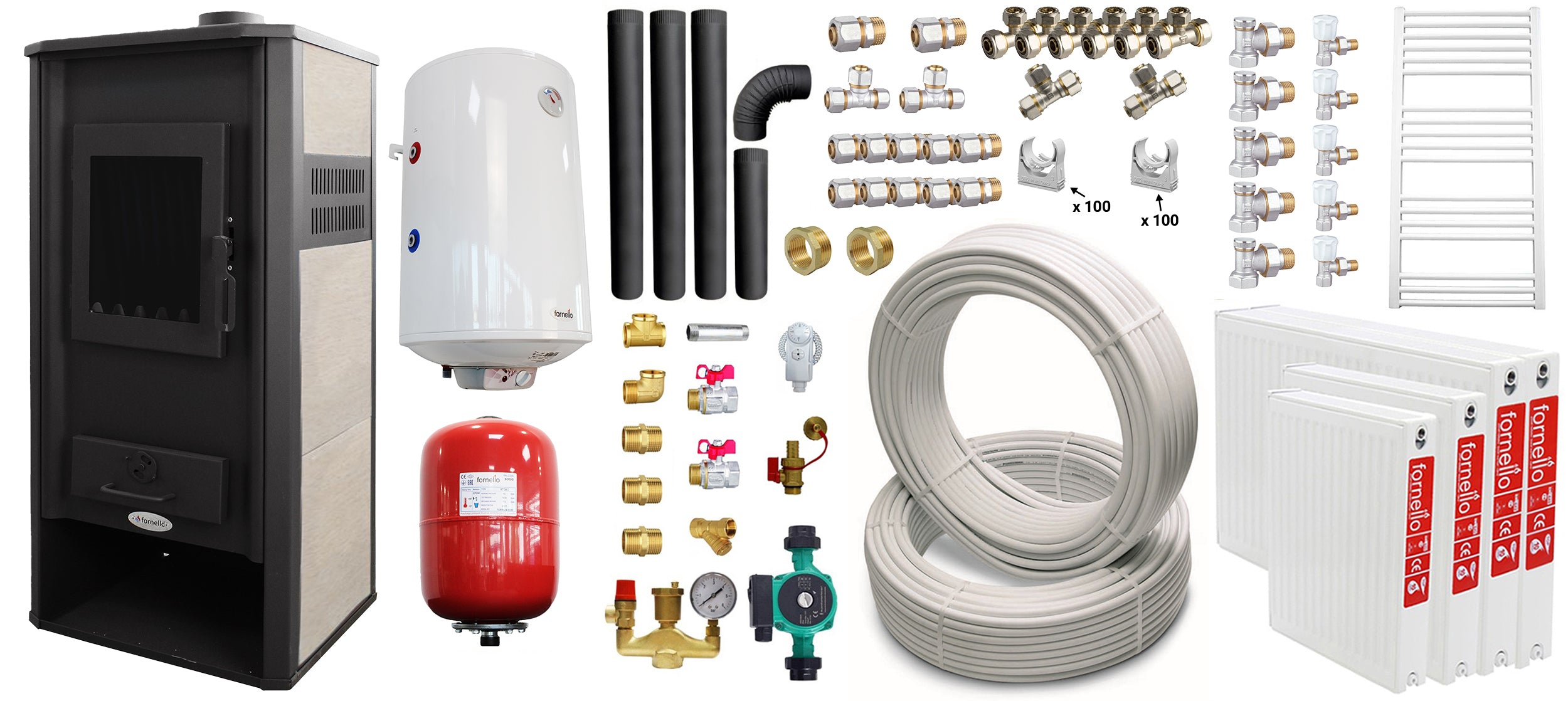 Pachet incalzire si apa calda pentru 3 camere Termosemineu pe lemne, brichete si carbune Fornello Roma E, Ivory, 22 kW, 49x45x103 cm, teava, boiler termoelectric 100l, vas expansiune, pompa circulatie, kit evacuare, calorifere si fitinguri