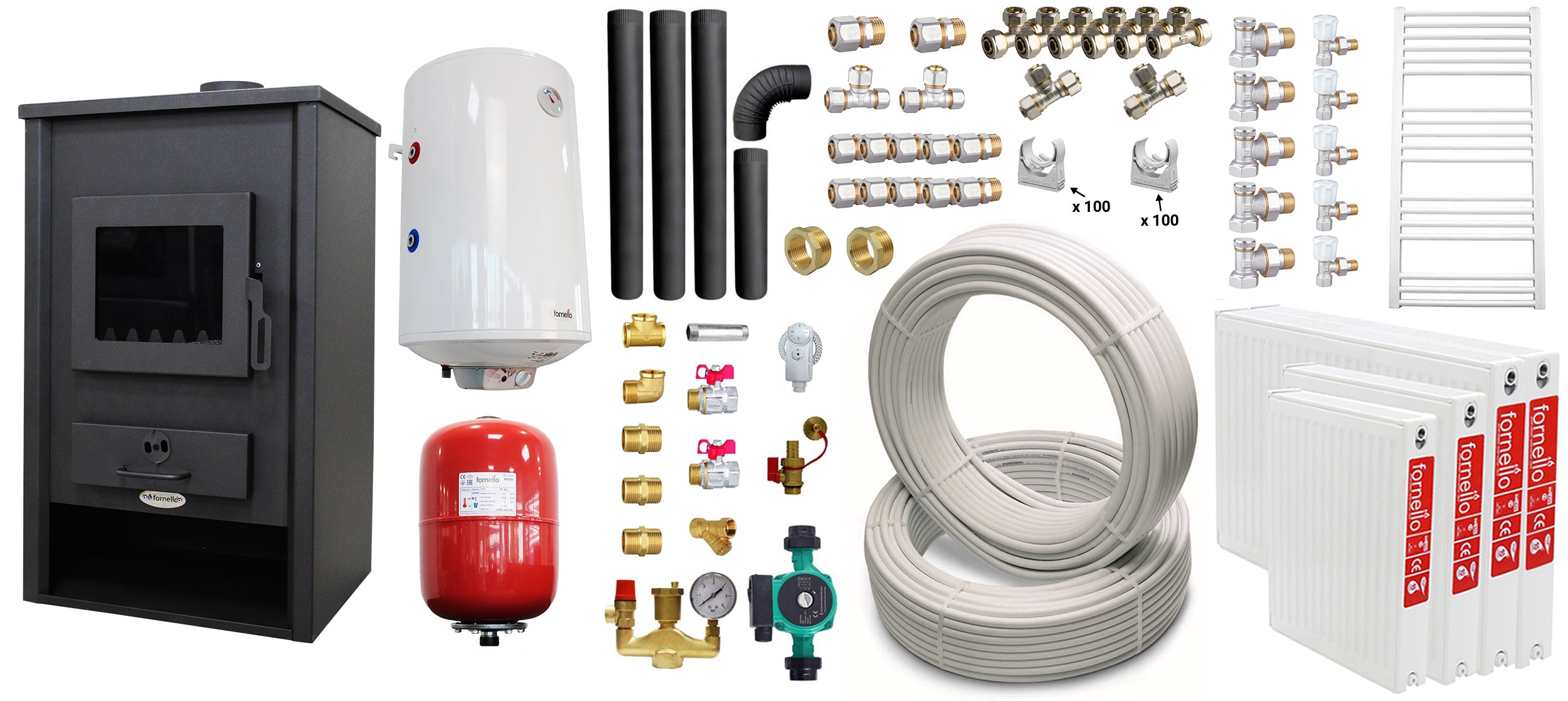Pachet incalzire si apa calda pentru 3 camere Termosemineu pe lemne, brichete si carbune Fornello PADOVA E, 19.4 kW, 510x500x910 mm, boiler termoelectric 80l, teava, vas expansiune, pompa circulare, calorifere, kit evacuare si fitinguri