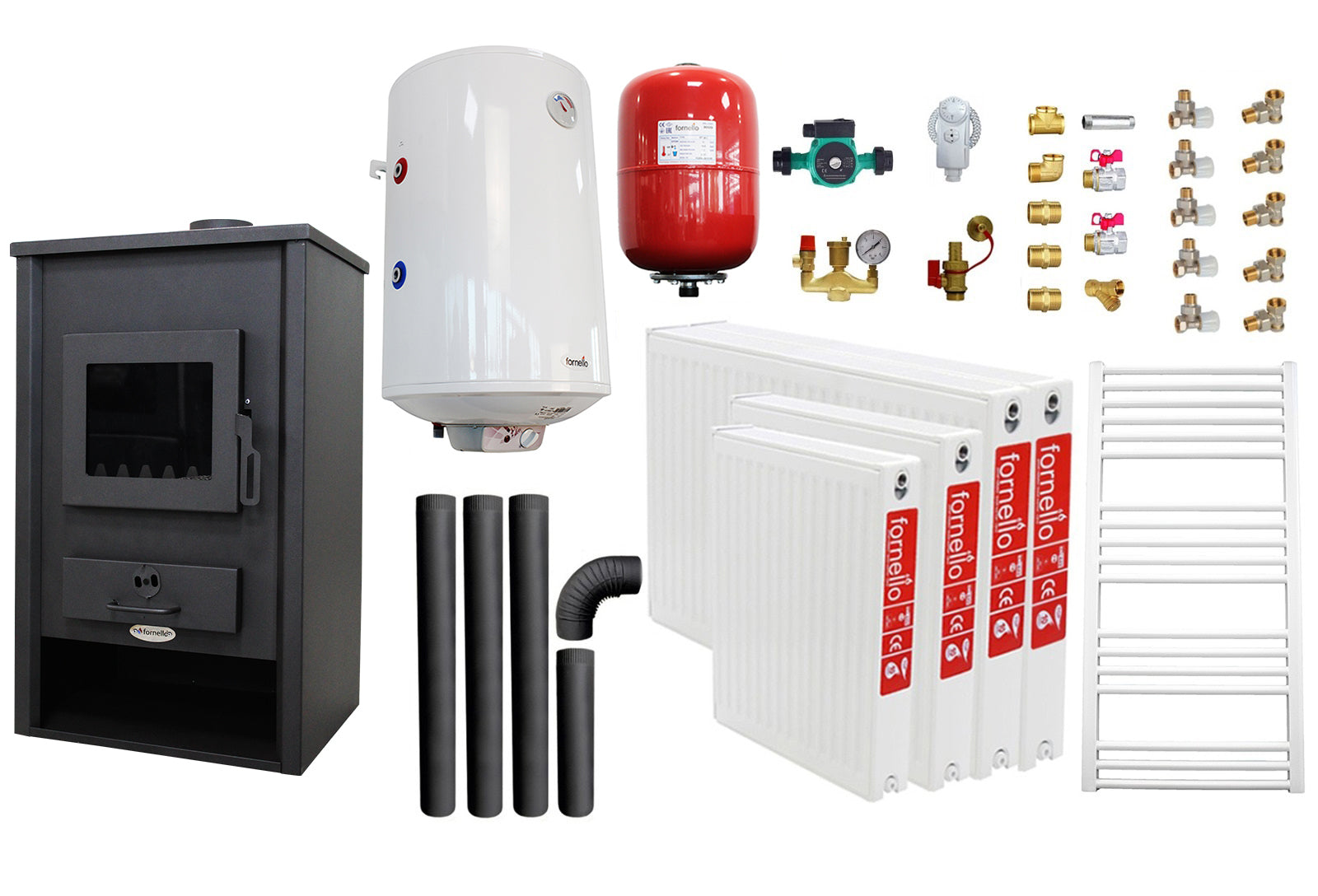 Pachet incalzire si apa calda pentru 3 camere Termosemineu pe lemne, brichete si carbune Fornello PADOVA E, 19.4 kW, 510x500x910 mm, boiler termoelectric 80l, vas expansiune, pompa circulare, calorifere, kit evacuare si kit montaj