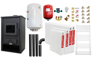 Pachet incalzire si apa calda pentru 3 camere Termosemineu pe lemne, brichete si carbune Fornello PADOVA E, 19.4 kW, 510x500x910 mm, boiler termoelectric 80l, vas expansiune, pompa circulare, calorifere, kit evacuare si kit montaj