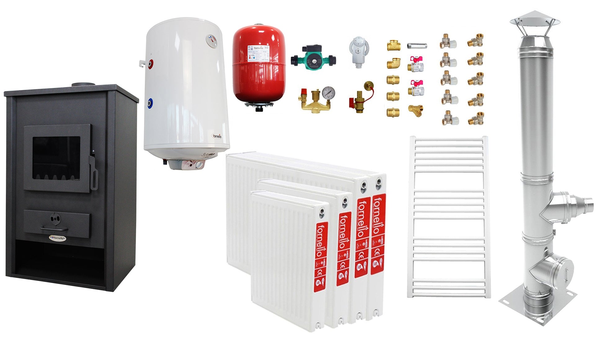 Pachet incalzire si apa calda pentru 3 camere Termosemineu pe lemne, brichete si carbune Fornello PADOVA E, 19.4 kW, 510x500x910 mm, cos inox, boiler termoelectric 80l, vas expansiune, pompa circulatie, calorifere si kit montaj