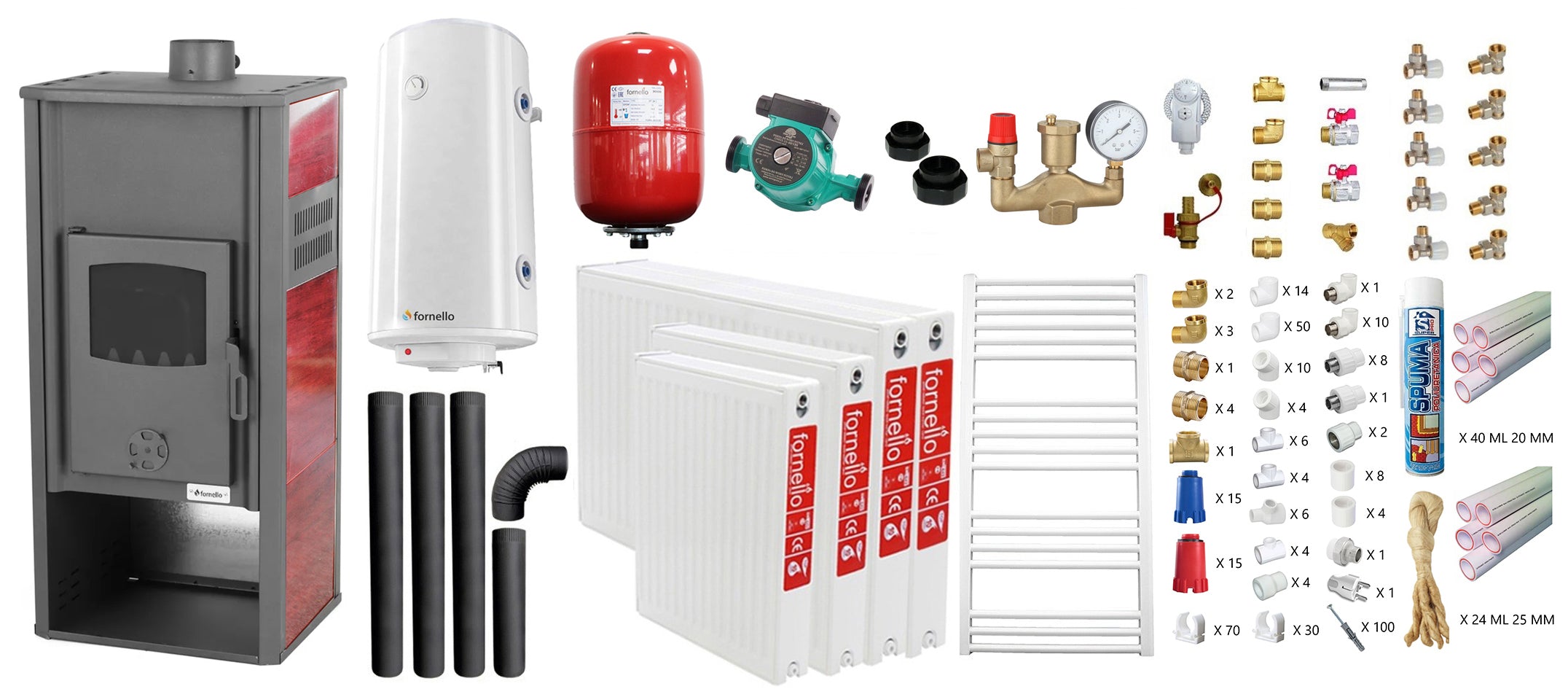 Pachet incalzire si apa calda pentru 3 camere Termosemineu pe lemne, brichete si carbune Fornello Roma E, Bordeaux, 22 kW, 49x45x103 cm, teava PPR si fitinguri, boiler termoelectric 100l, vas expansiune, pompa circulatie, kit evacuare, calorifere si