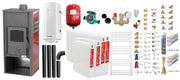 Pachet incalzire si apa calda pentru 3 camere Termosemineu pe lemne, brichete si carbune Fornello Roma E, Bordeaux, 22 kW, 49x45x103 cm, teava PPR si fitinguri, boiler termoelectric 100l, vas expansiune, pompa circulatie, kit evacuare, calorifere si