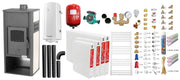 Pachet incalzire si apa calda pentru 3 camere Termosemineu pe lemne, brichete si carbune Fornello Roma E, Ivory, 22 kW, 49x45x103 cm, teava PPR si fitinguri, boiler termoelectric 100l, vas expansiune, pompa circulatie, kit evacuare, calorifere si kit
