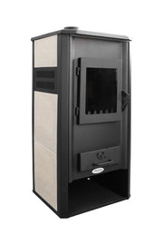 Pachet incalzire si apa calda pentru 3 camere Termosemineu pe lemne, brichete si carbune Fornello Roma E, Ivory, 22 kW, 49x45x103 cm, teava PPR si fitinguri, boiler termoelectric 100l, vas expansiune, pompa circulatie, kit evacuare, calorifere si kit montaj