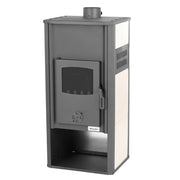 Pachet incalzire si apa calda pentru 3 camere Termosemineu pe lemne, brichete si carbune Fornello Roma E, Ivory, 22 kW, 49x45x103 cm, teava PPR si fitinguri, boiler termoelectric 100l, vas expansiune, pompa circulatie, kit evacuare, calorifere si kit