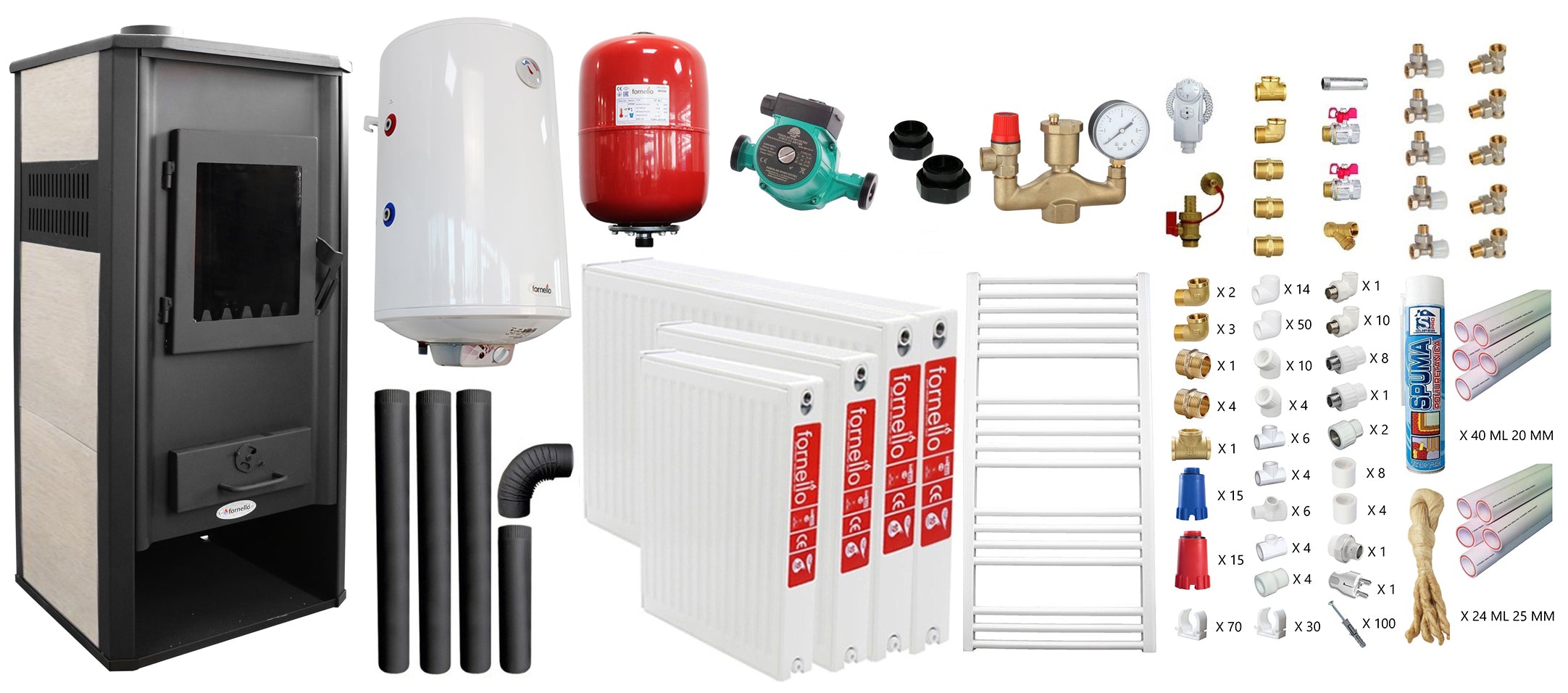 Pachet incalzire si apa calda pentru 3 camere Termosemineu pe lemne, brichete si carbune Fornello Roma E, Ivory, 22 kW, 49x45x103 cm, teava PPR si fitinguri, boiler termoelectric 100l, vas expansiune, pompa circulatie, kit evacuare, calorifere si kit montaj