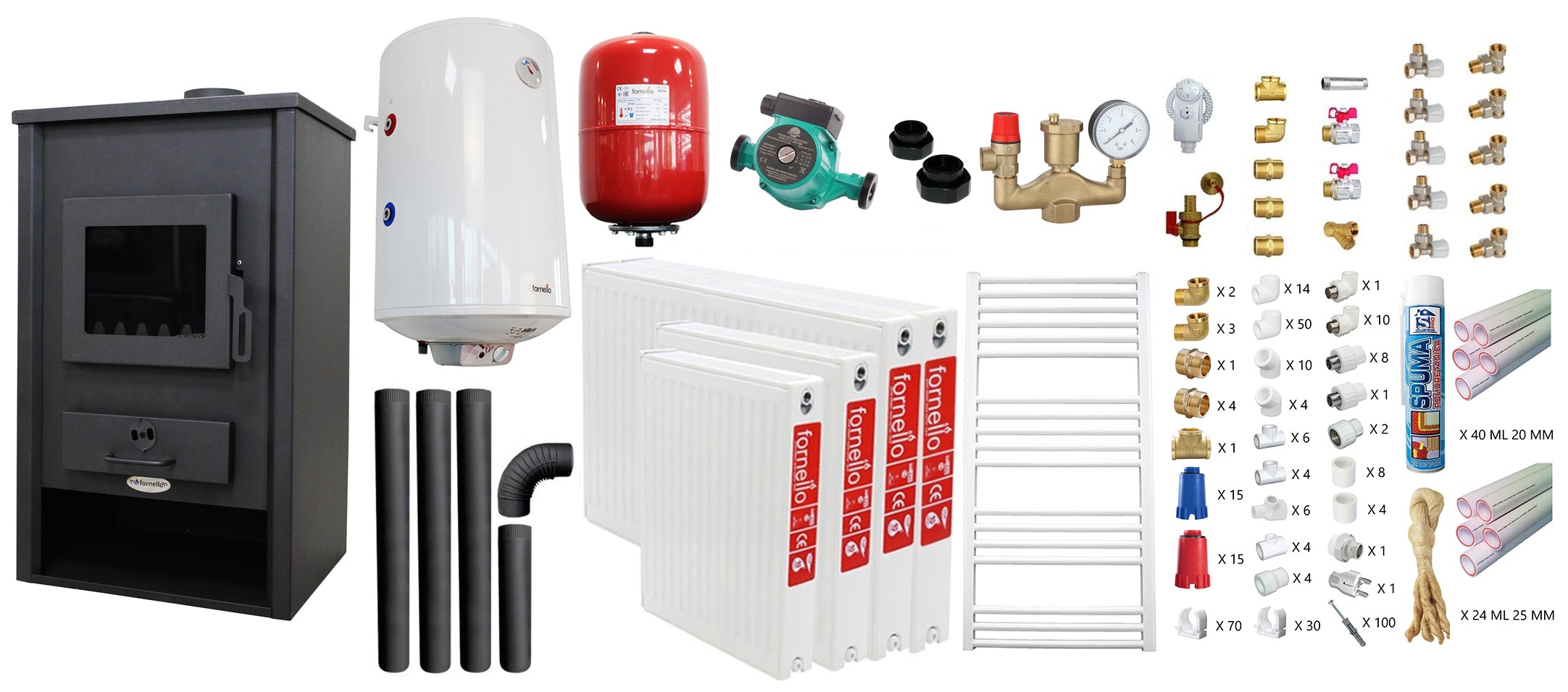 Pachet incalzire si apa calda pentru 3 camere Termosemineu pe lemne, brichete si carbune Fornello PADOVA E, 19.4 kW, 510x500x910 mm, teava PPR si fitinguri, boiler termoelectric 80l, vas expansiune, pompa circulare, calorifere, kit evacuare si kit mo