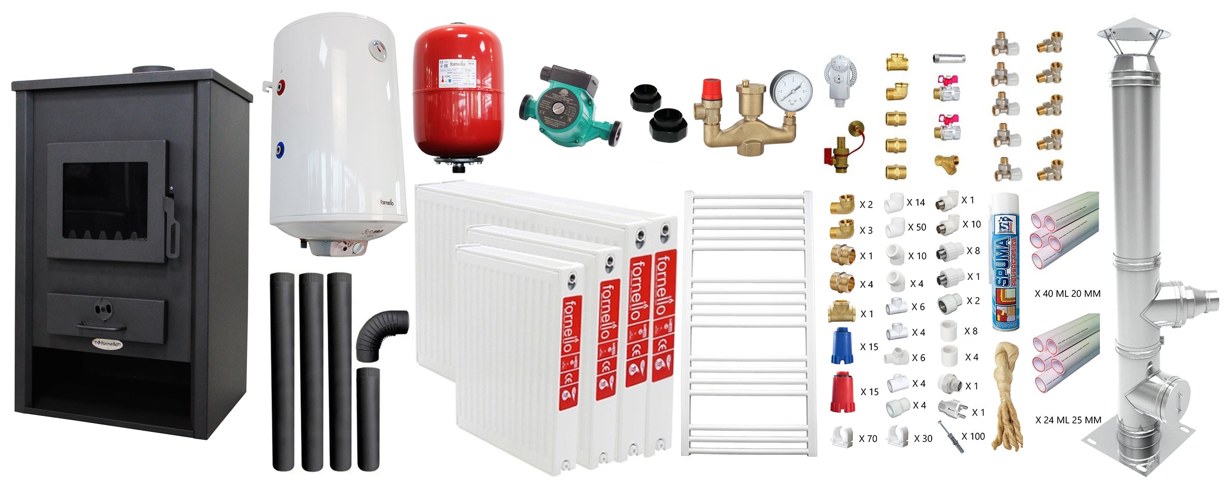 Pachet incalzire si apa calda pentru 3 camere Termosemineu pe lemne, brichete si carbune Fornello PADOVA E, 19.4 kW, 510x500x910 mm, cos inox, teava PPR si fitinguri, boiler termoelectric 80l, vas expansiune, pompa circulatie, calorifere si kit monta