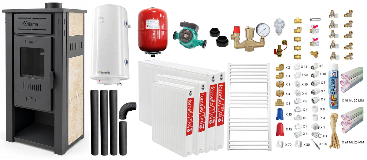 Pachet incalzire si apa calda pentru 3 camere Termosemineu pe lemne, brichete si carbune  FIAMA AMBASADOR, Ivory, 24,5 kW, teava PPR si fitinguri, boiler termoelectric 100l, vas expansiune, pompa circulatie, kit evacuare, calorifere si kit