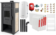 Pachet incalzire si apa calda pentru 3 camere Termosemineu pe lemne, brichete si carbune  FIAMA AMBASADOR, Ivory, 24,5 kW, boiler termoelectric 100l, vas expansiune, pompa circulatie, kit evacuare, calorifere si kit montaj