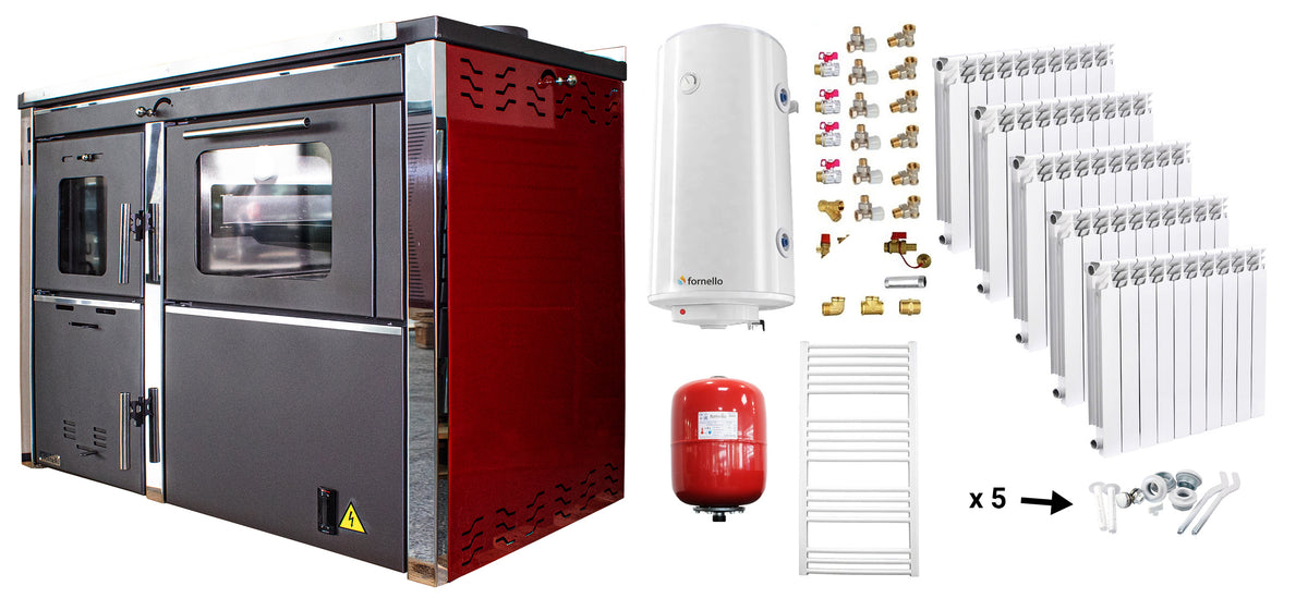 Pachet incalzire si apa calda Termosemineu FORNELLO STAR Red 34 kw pe combustibil solid, echipat cu pompa, calorifere aluminiu Fornello Alvo, boiler termoelectric 100l, vas expansiune si kit montaj