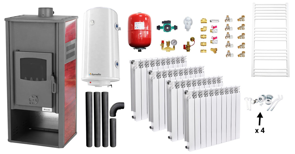 Pachet incalzire si apa calda Termosemineu pe lemne, brichete si carbune Fornello Roma E, Bordeaux, 22 kW, calorifere aluminiu Fornello Alvo, boiler termoelectric 100l, vas expansiune, pompa circulatie, kit evacuare kit montaj