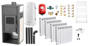 Pachet incalzire si apa calda Termosemineu pe lemne, brichete si carbune Fornello Roma E, Ivory, 22 kW, calorifere aluminiu Fornello Alvo, boiler termoelectric 100l, vas expansiune, pompa circulatie, kit evacuare kit montaj