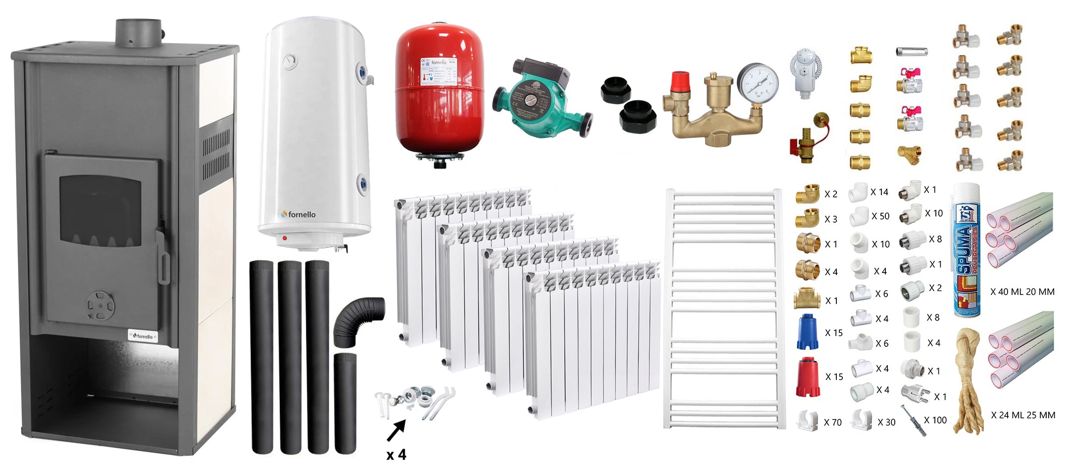 Pachet incalzire si apa calda Termosemineu pe lemne, brichete si carbune Fornello Roma E, Ivory, 22 kW, calorifere aluminiu Fornello Alvo, teava PPR si fitinguri, boiler termoelectric 100l, vas expansiune, pompa circulatie, kit evacuare kit montaj