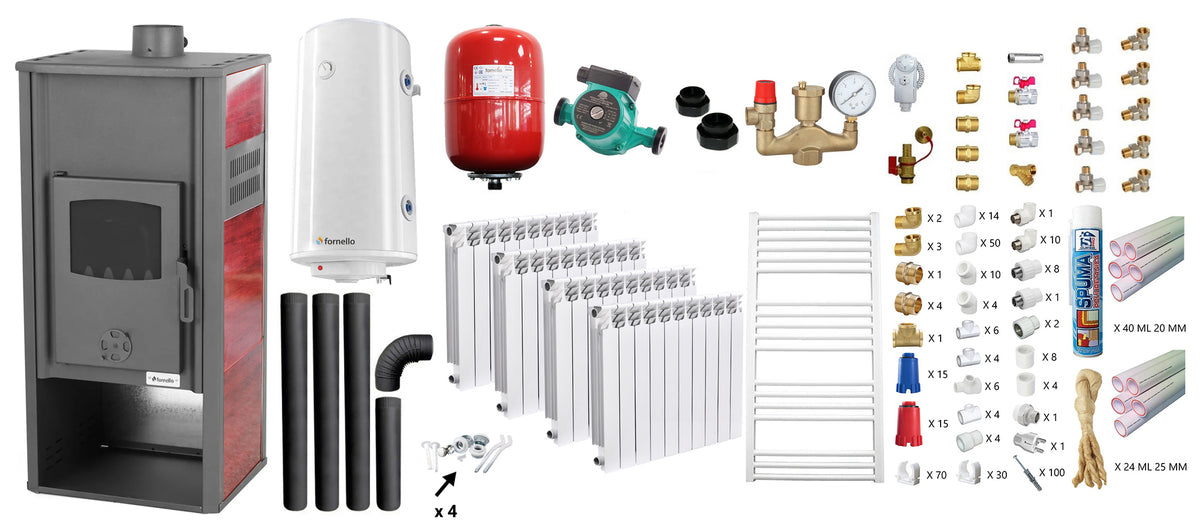 Pachet incalzire si apa calda Termosemineu pe lemne, brichete si carbune Fornello Roma E, Bordeaux, 22 kW, calorifere aluminiu Fornello Alvo, teava PPR si fitinguri, boiler termoelectric 100l, vas expansiune, pompa circulatie, kit evacuare kit montaj