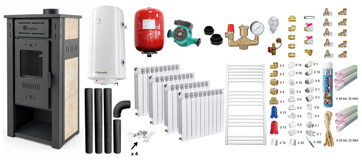 Pachet incalzire si apa calda Termosemineu pe lemne, brichete si carbune FIAMA AMBASADOR, Ivory, 24.5 kW, calorifere aluminiu Fornello Alvo, teava PPR si fitinguri, boiler termoelectric 100l, vas expansiune, pompa circulatie, kit evacuare kit montaj