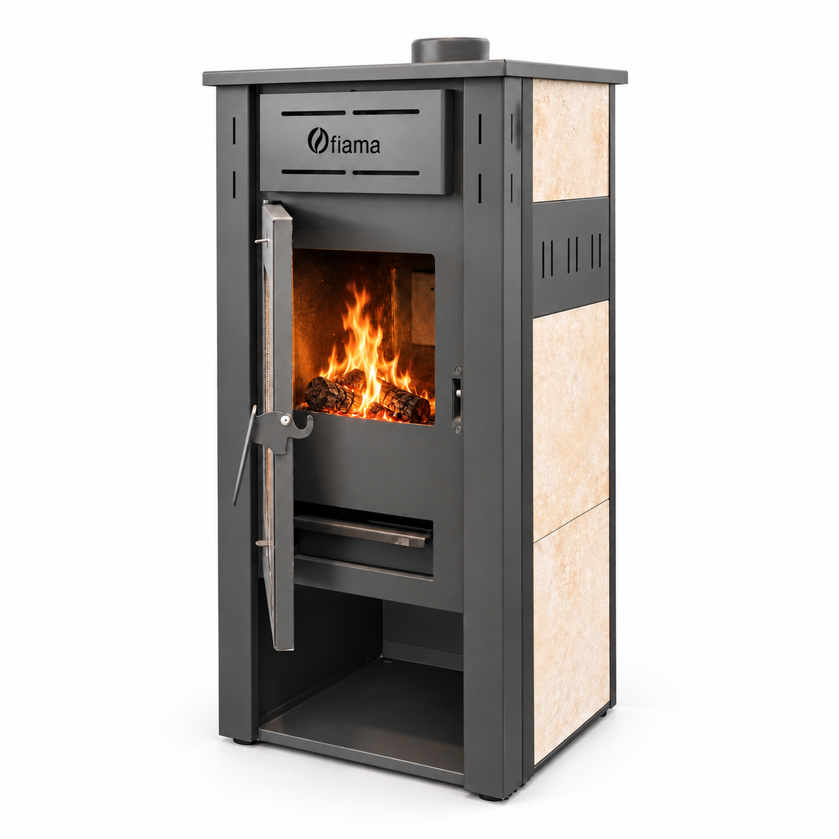 Pachet incalzire si apa calda Termosemineu pe lemne, brichete si carbune FIAMA AMBASADOR, Ivory, 24.5 kW, calorifere aluminiu Fornello Alvo, teava PPR si fitinguri, boiler termoelectric 100l, vas expansiune, pompa circulatie, kit evacuare kit montaj
