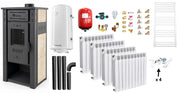 Pachet incalzire si apa calda Termosemineu pe lemne, brichete si carbune  FIAMA AMBASADOR, Ivory, 24.5 kW, calorifere aluminiu Fornello Alvo, boiler termoelectric 100l, vas expansiune, pompa circulatie, kit evacuare kit montaj