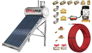 Pachet panou solar nepresurizat FIAMA pentru producere apa calda, cu rezervor inox, 120 litri, 12 tuburi vidate, vas flotor 5 litri, pompa ridicare presiune, teava hidronix si fitinguri montaj