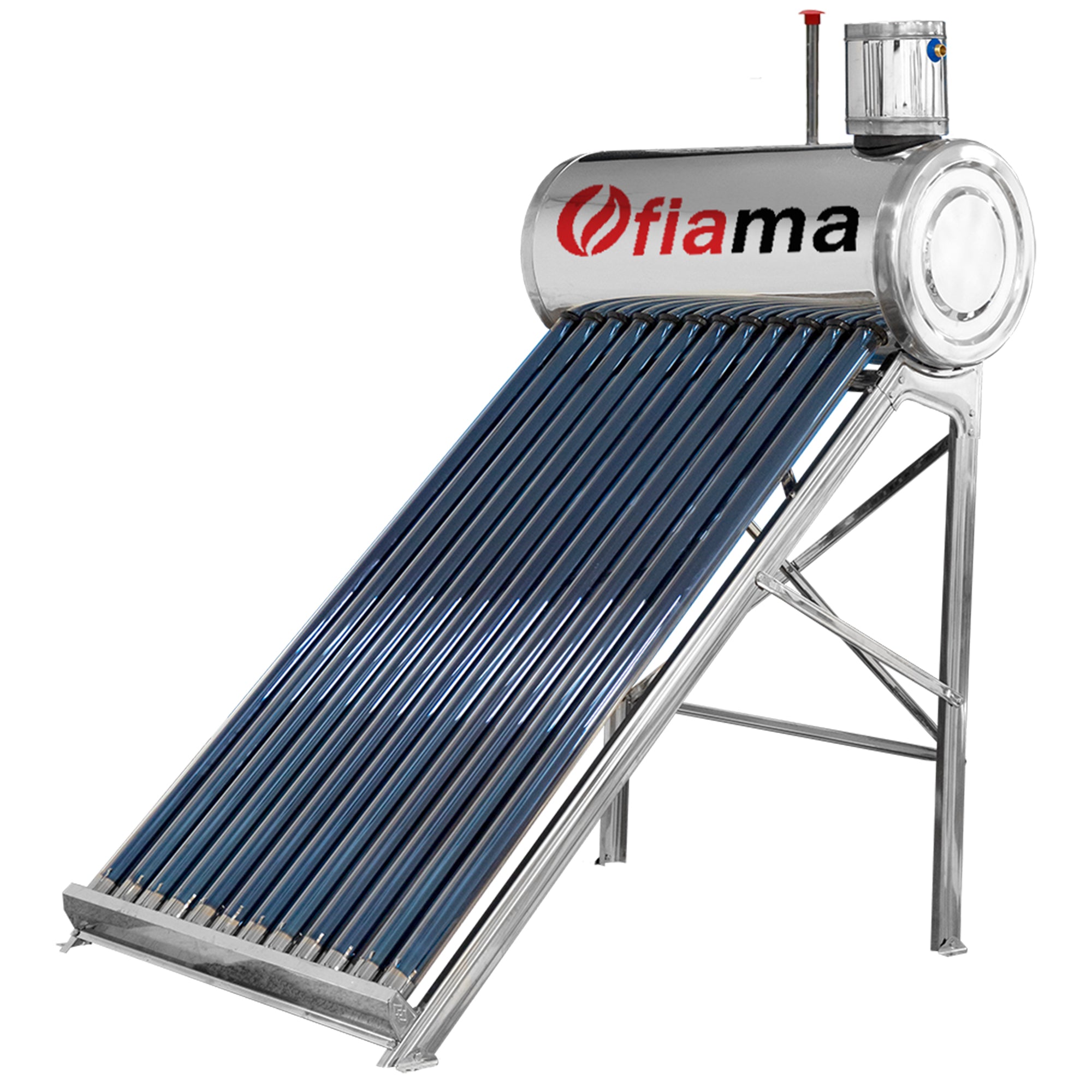 Pachet panou solar nepresurizat FIAMA pentru producere apa calda, cu rezervor inox, 120 litri, 12 tuburi vidate, vas flotor 5 litri, pompa ridicare presiune, teava hidronix si fitinguri montaj