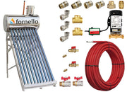 Pachet panou solar nepresurizat Fornello pentru producere apa calda, cu rezervor inox 82 litri, 10 tuburi vidate, vas flotor 5 litri, pompa ridicare presiune, teava hidronix si fitinguri montaj