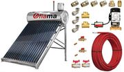 Pachet panou solar nepresurizat FIAMA pentru producere apa calda, cu rezervor inox, 180 litri, 18 tuburi vidate, vas flotor 5 litri, pompa ridicare presiune, teava hidronix si fitinguri montaj