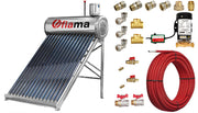 Pachet panou solar nepresurizat Fornello pentru producere apa calda, cu rezervor inox, 150 litri, 15 tuburi vidate, vas flotor 5 litri, pompa ridicare presiune, teava hidronix si fitinguri montaj