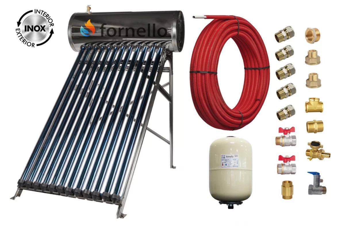 Pachet panou solar presurizat compact FORNELLO SPP-470-H58/1800-12-c cu 12 tuburi vidate de tip heat pipe si boiler din inox de 109 litri, Teava, Vas Expansiune si Fitinguri montaj