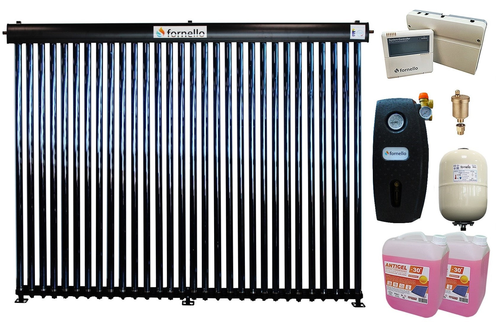 Pachet Panou solar presurizat cu tuburi vidate Heat Pipe Fornello 30 tuburi, destinat producerii de apa calda menajera, controller, vas expansiune, grup pompare, aerisitor 1/2, antigel