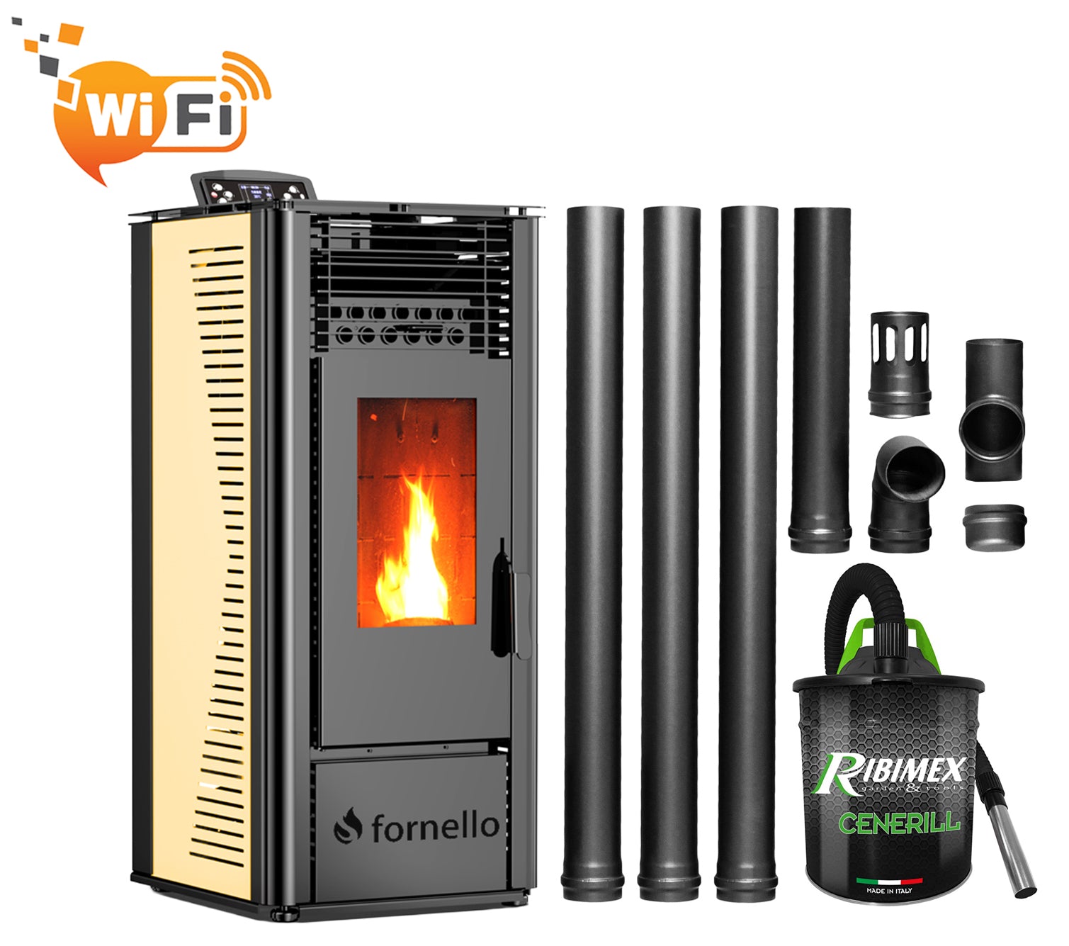 Pachet pentru incalzire format din Semineu (soba) pe peleti cu tiraj fortat Fornello SOPHIA WI-FI 11 kw, aspirator, kit de evacuare 3,5 metri, telecomanda, Wi-fi, culoare Ivory