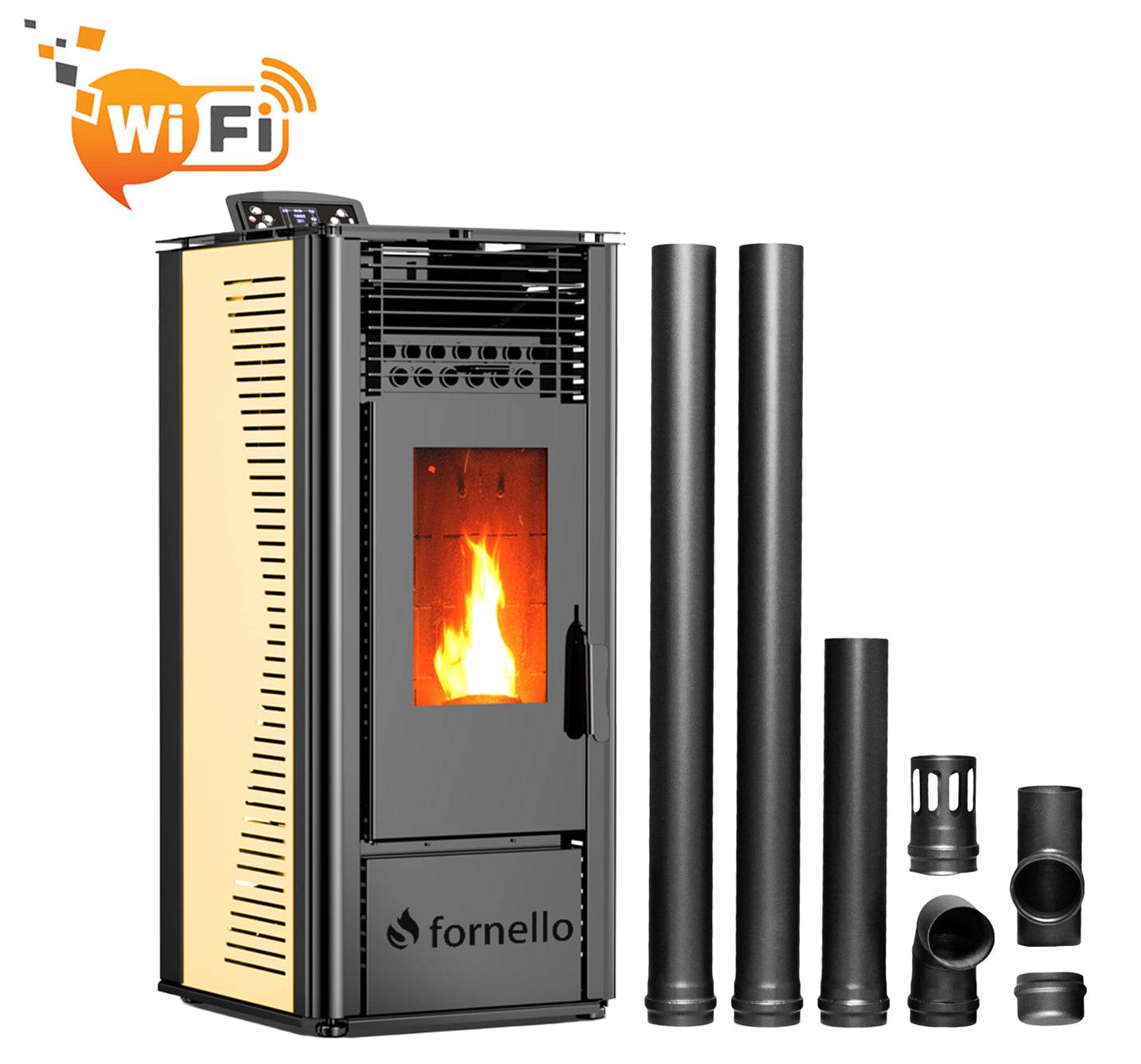 Pachet pentru incalzire format din Semineu (soba) pe peleti cu tiraj fortat Fornello SOPHIA WI-FI 11 kw, kit de evacuare 2,5 metri, telecomanda, Wi-fi, culoare Ivory