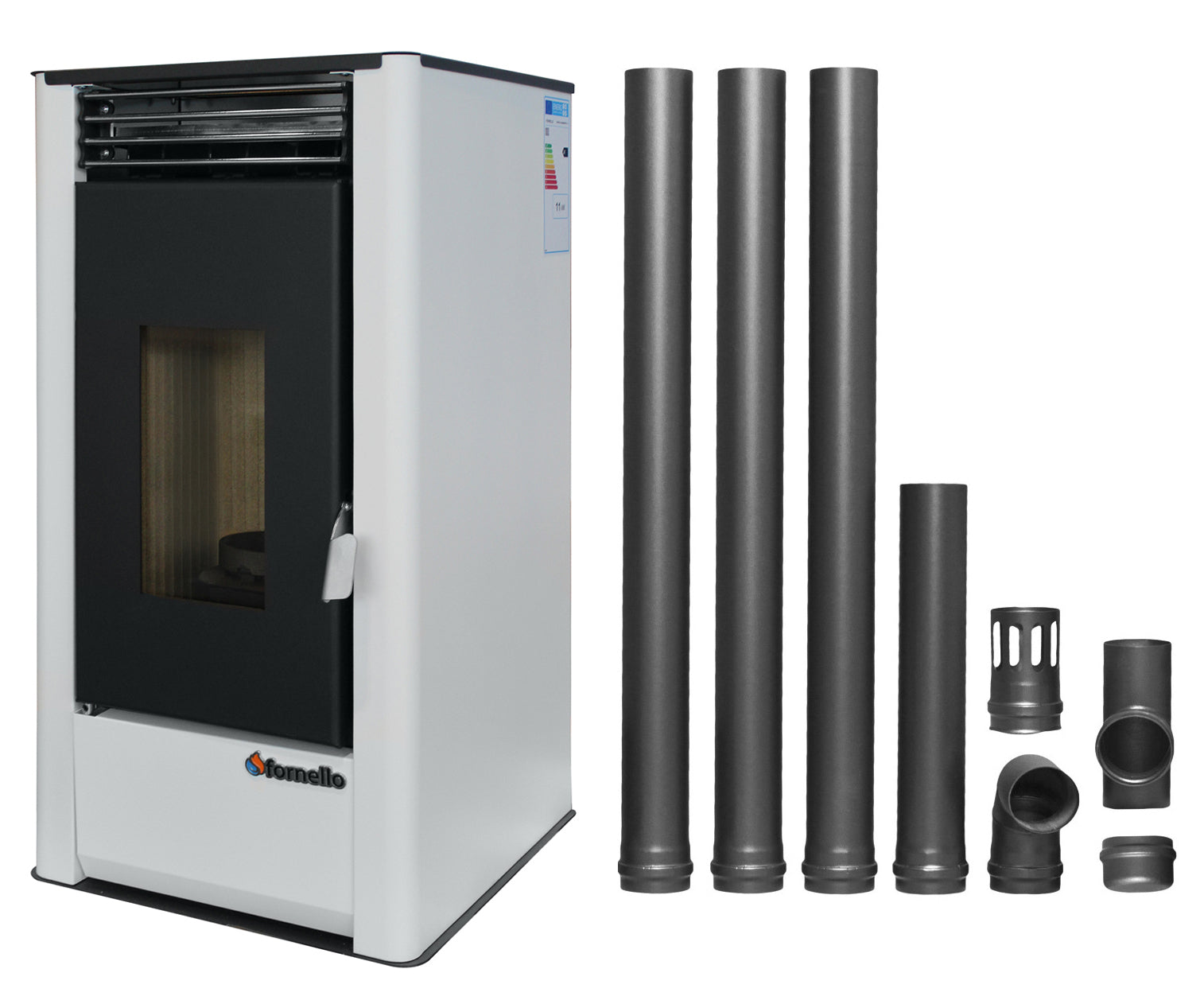 Pachet pentru incalzire Semineu (Soba) pe Peleti cu aer cald Fornello Air SmartPell 11 KW, culoare White si kit evacuare 3,5 metri