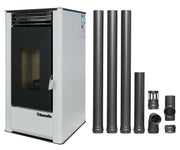 Pachet pentru incalzire Semineu (Soba) pe Peleti cu aer cald Fornello Air SmartPell 11 KW, culoare White si kit evacuare 3,5 metri