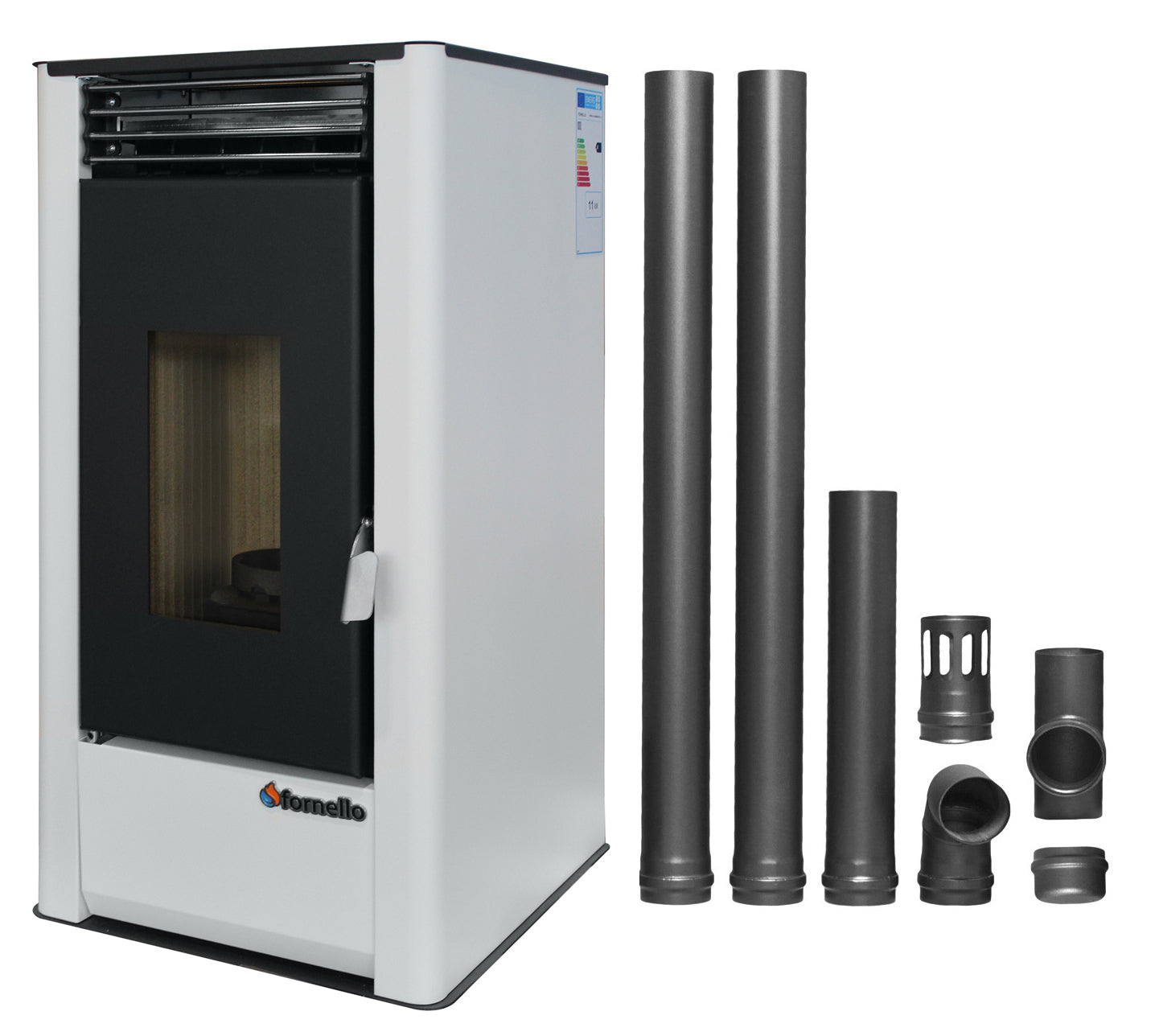 Pachet pentru incalzire Semineu (Soba) pe Peleti cu aer cald Fornello Air SmartPell 11 KW, culoare White si kit evacuare 2,5 metri