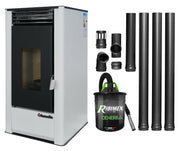 Pachet pentru incalzire Semineu (Soba) pe Peleti cu aer cald Fornello Air SmartPell 11 KW, culoare White, aspirator de cenusa si kit de evacuare 3,5 metri