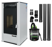 Pachet pentru incalzire Semineu (Soba) pe Peleti cu aer cald Fornello Air SmartPell 11 KW, culoare White, aspirator de cenusa si kit de evacuare 2,5 metri