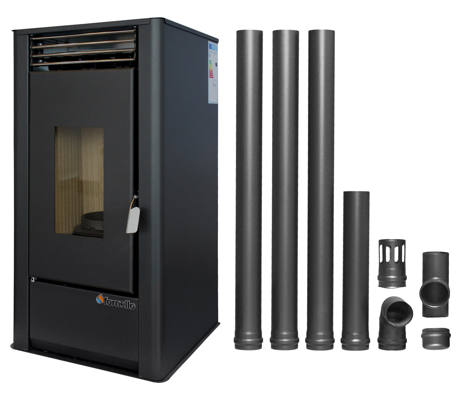 Pachet pentru incalzire Semineu (Soba) pe Peleti cu aer cald Fornello Air SmartPell 11 KW, culoare Black si kit evacuare 3,5 metri