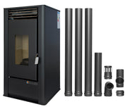 Pachet pentru incalzire Semineu (Soba) pe Peleti cu aer cald Fornello Air SmartPell 11 KW, culoare Black si kit evacuare 3,5 metri