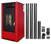 Pachet pentru incalzire Semineu (Soba) pe Peleti cu aer cald Fornello Air SmartPell 11 KW, culoare Bordeaux si kit evacuare 3,5 metri