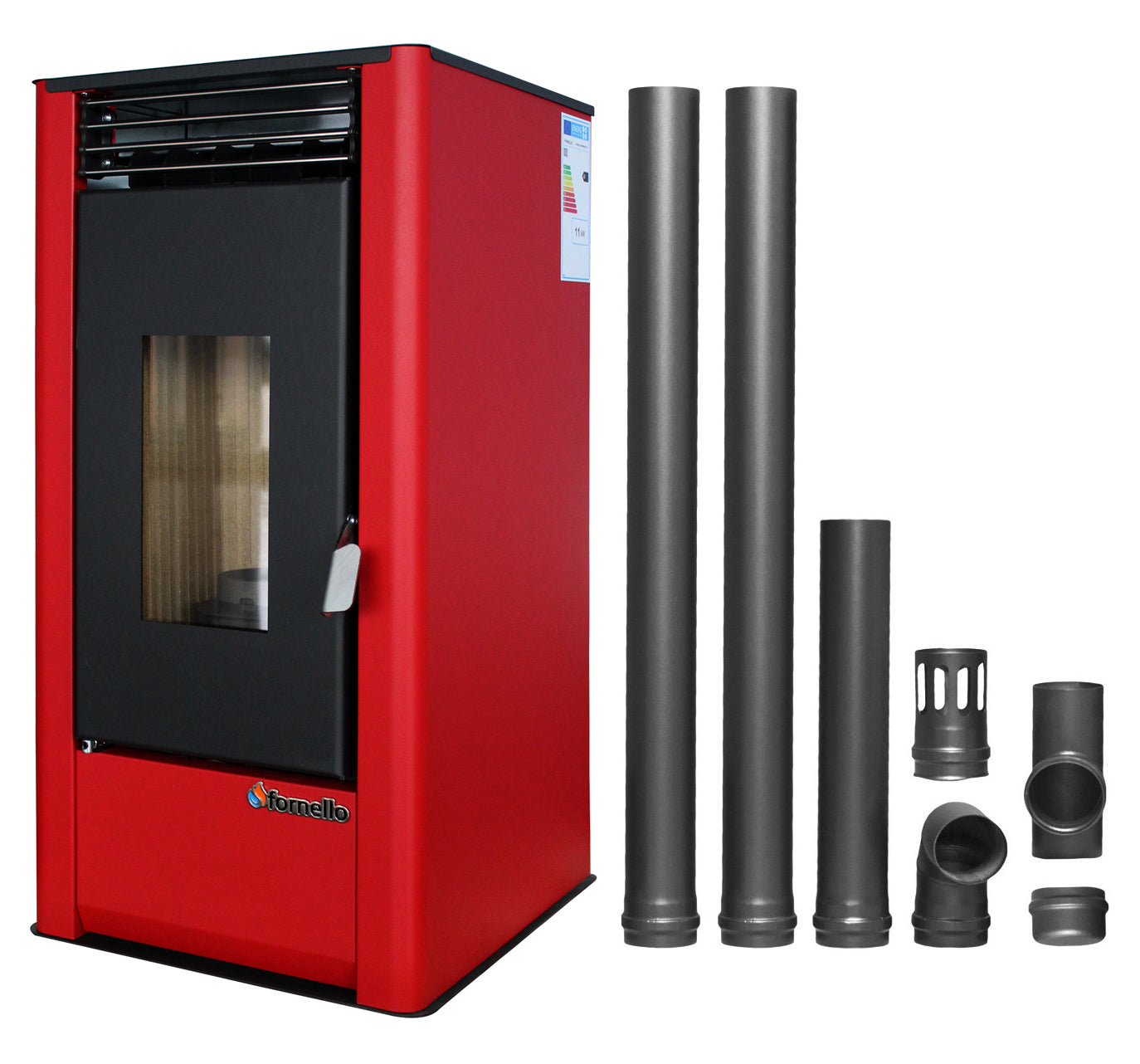 Pachet pentru incalzire Semineu (Soba) pe Peleti cu aer cald Fornello Air SmartPell 11 KW, culoare Bordeaux si kit evacuare 2,5 metri