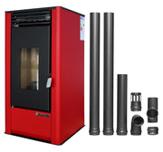 Pachet pentru incalzire Semineu (Soba) pe Peleti cu aer cald Fornello Air SmartPell 11 KW, culoare Bordeaux si kit evacuare 2,5 metri