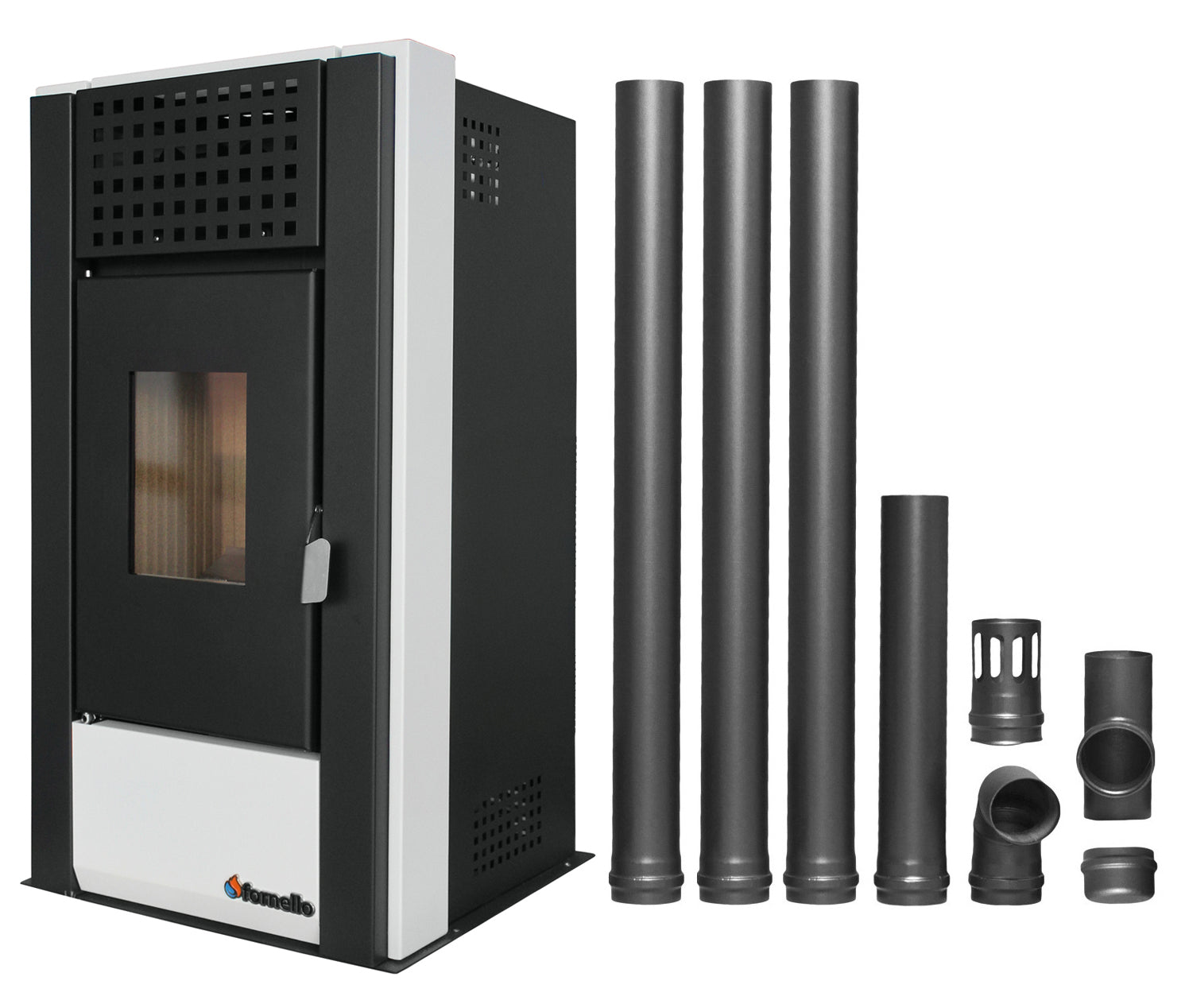 Pachet pentru incalzire Semineu (Soba) pe Peleti cu aer cald Fornello Magnesia 9 KW, culoare White si kit evacuare 3,5 metri