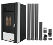 Pachet pentru incalzire Semineu (Soba) pe Peleti cu aer cald Fornello Magnesia 9 KW, culoare White si kit evacuare 3,5 metri