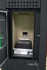 Pachet complet pentru incalzire Semineu (Soba) pe Peleti cu aer cald Fornello Magnesia 9 KW, culoare White, termostat ambiental, aspirator de cenusa si kit de evacuare 2,5 metri